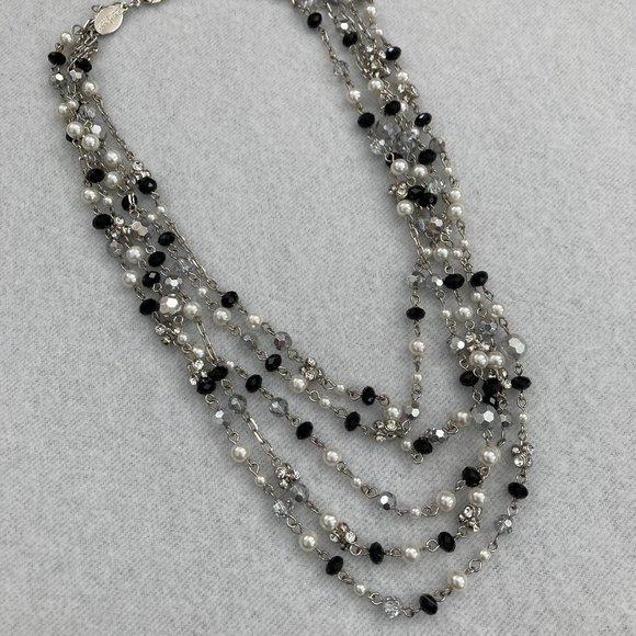 Vintage WHBM Black/Pearl/Crystal Multi-strand Necklace - Picture 2 of 8